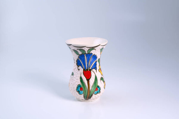 Turkish hand-painted pottery tea cups isolated on a white background