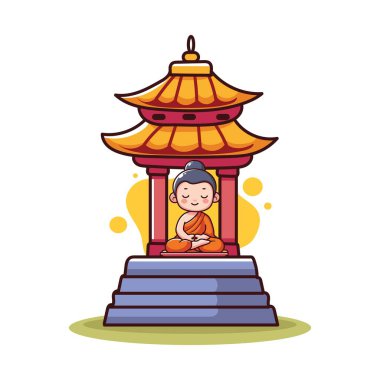 Budist keşiş tapınak merdivenlerinde meditasyon yapıyor. Vektör illüstrasyonu.