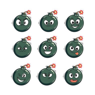 Çizgi film bomba ifadeleri ayarlandı. Çizgi film bomba ifadelerinin vektör illüstrasyonu.