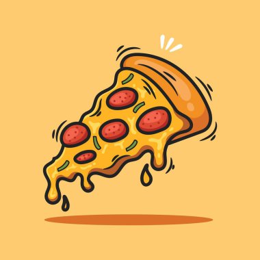 Pizza dilimi vektör çizimi. Sarı arka planda izole edilmiş..