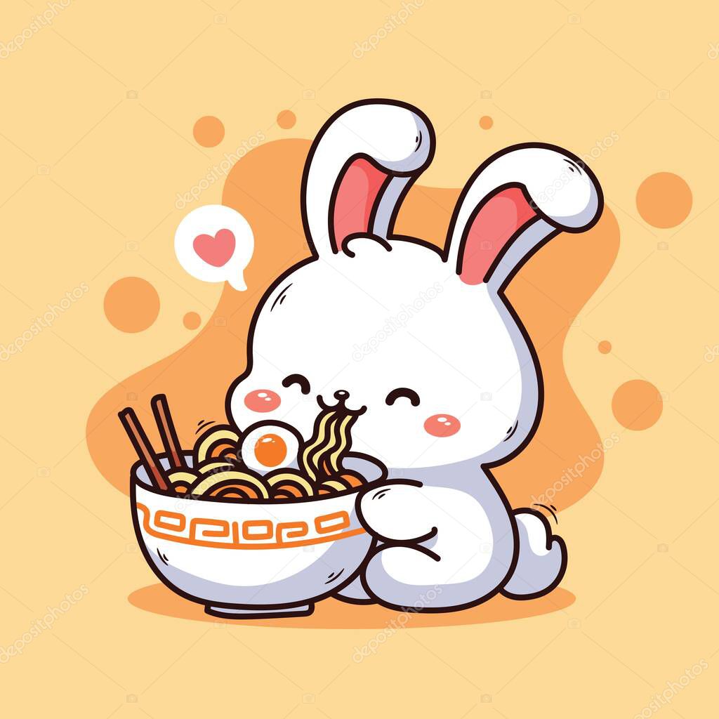 Cute rabbit eating noodle. Vector illustration of cartoon character.