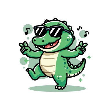 Güneş gözlüklü şirin timsah dans ediyor. Vektör çizgi film karakteri çizimi.