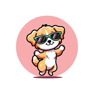 Güneş gözlüklü sevimli çizgi film köpeği. Beyaz arkaplanda vektör illüstrasyonu.