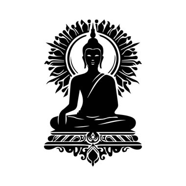 Buda heykeli. Siyah ve beyaz vektör çizimi. Beyaz arkaplanda izole.