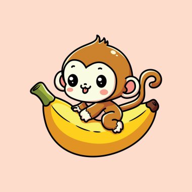 Muz üzerinde oturan şirin maymun. Vektör çizgi film karakteri çizimi.