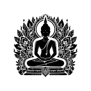 Buda heykeli. Siyah ve beyaz vektör çizimi. Beyaz arkaplanda izole.