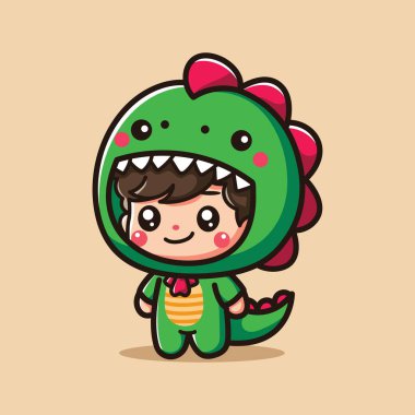 Dinazor kostümü giyen bir çocuğun şirin vektör çizimi