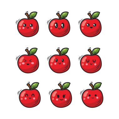 Beyaz arka planda izole edilmiş şirin kawaii kırmızı elmaları. Vektör illüstrasyonu.