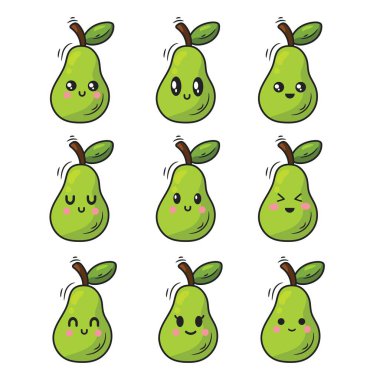 Beyaz arka planda izole edilmiş bir kawaii armudu seti. Vektör illüstrasyonu.