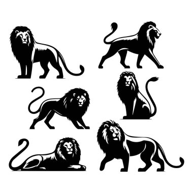 Aslan seti. Siyah aslan siluetlerinin vektör çizimleri koleksiyonu.