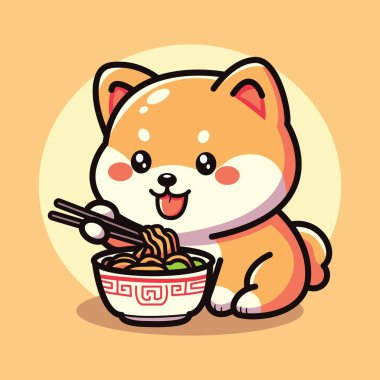 Tatlı köpek bir kase erişte yiyor. Vektör illüstrasyonu.