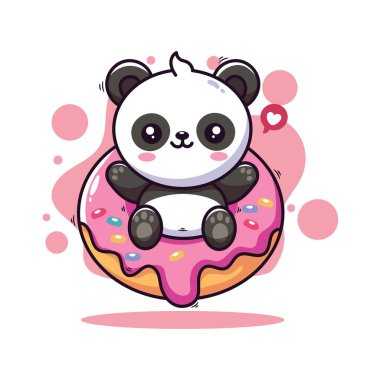 Tatlı panda çöreğin üzerinde oturuyor. Vektör illüstrasyonu.