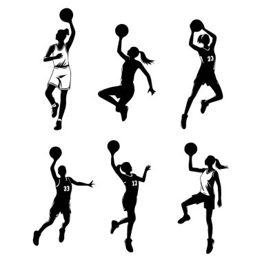 Basketbolcu siluetlerini beyaz arkaplan, vektör illüstrasyonuna ayarla.