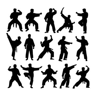 Karate yapan bir grup insan silueti. Vektör illüstrasyonu.