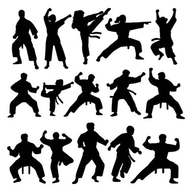 Karate yapan bir grup insan silueti. Vektör illüstrasyonu.