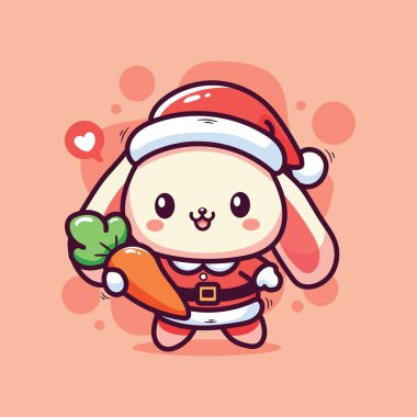 Noel Baba kostümlü şirin tavşan havuç tutuyor. Vektör illüstrasyonu.