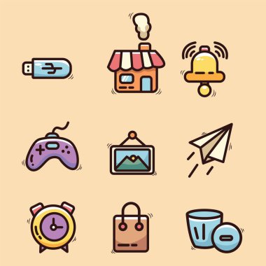 Simge rastgele sevimli çizgi film ayarladı. Vektör illüstrasyonu. 