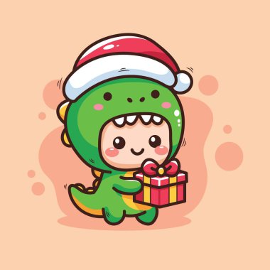 Elinde hediye kutusu olan şirin bir Noel çocuğu dinozor. Vektör illüstrasyonu.
