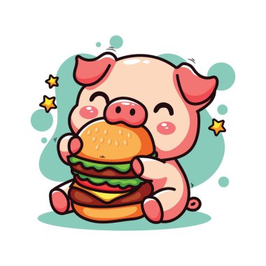 Beyaz arka planda hamburgeri olan şirin bir domuz. Vektör illüstrasyonu.