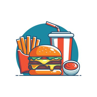 Fast food ikonu. Hamburger, patates kızartması ve soda. Vektör illüstrasyonu