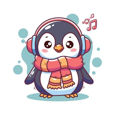 Kulaklık ve atkıyla sevimli bir penguen. Vektör çizgi film illüstrasyonu.