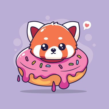 Tatlı kırmızı panda ile donut kawaii karakter çizimi tasarımı