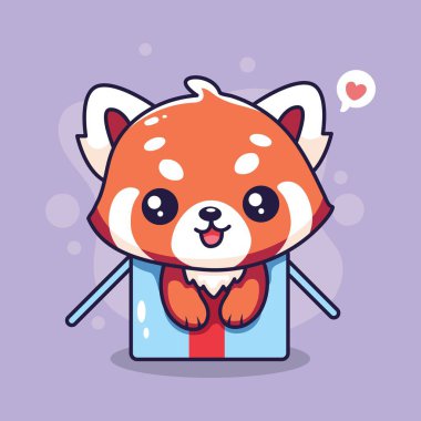 Hediye kutusundaki şirin kırmızı panda. Vektör illüstrasyonu.
