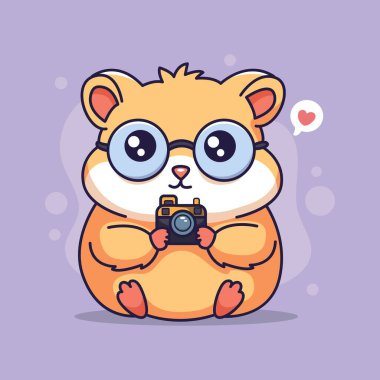 Kameralı şirin çizgi film hamsterı. Şirin bir hayvanın vektör çizimi.