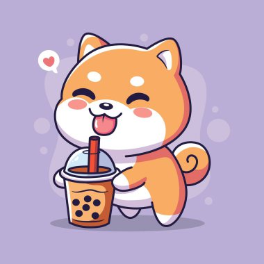 Şirin Shiba Inu boba içer. vektör illüstrasyonu