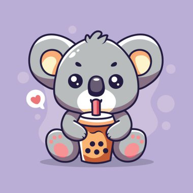 Elinde bir fincan boba tutan sevimli bir koala. Vektör illüstrasyonu.