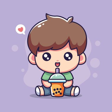 Boba içen tatlı çocuk. Vektör düz çizgi film karakteri çizimi.