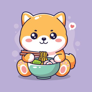 Tatlı kawai köpeği ramen yiyor. Vektör illüstrasyonu