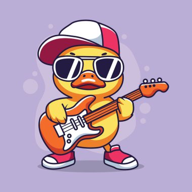 Gitar çalan sevimli ördek. Çizgi film tarzında vektör illüstrasyonu.