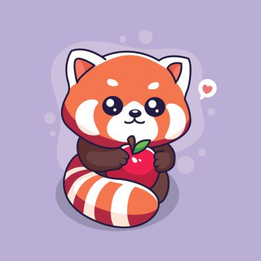 Elmalı şirin kırmızı panda. Vektör çizgi film karakteri çizimi.