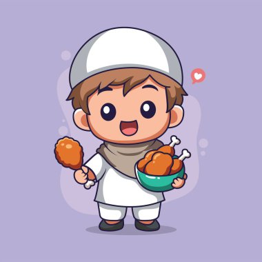 Tavuk yemeğiyle tatlı Müslüman Çocuk. Karakter Vektör İllüstrasyonu