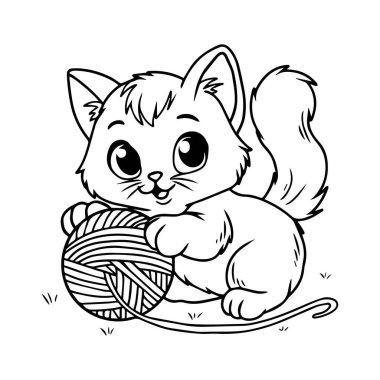 Yün yumağı olan sevimli çizgi film kedisi. Çocuklar için boyama kitabı.