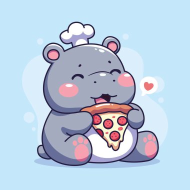 Pizza yiyen sevimli su aygırı. Çizgi film tarzında vektör illüstrasyonu.