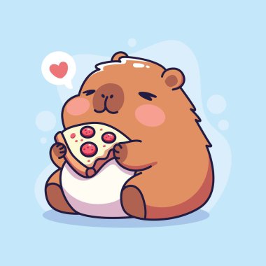 Tatlı Capybara pizza yiyor. Çizgi film tarzında vektör illüstrasyonu.
