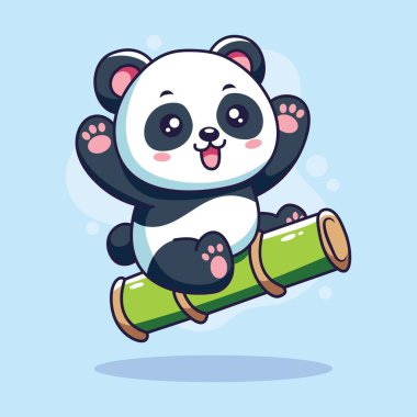 Bambuyla uçan sevimli panda. Vektör çizgi film illüstrasyonu.