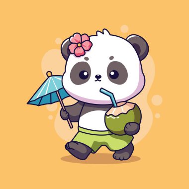 Hindistan cevizi içeceği ve şemsiye tutan şirin panda. Vektör illüstrasyonu.