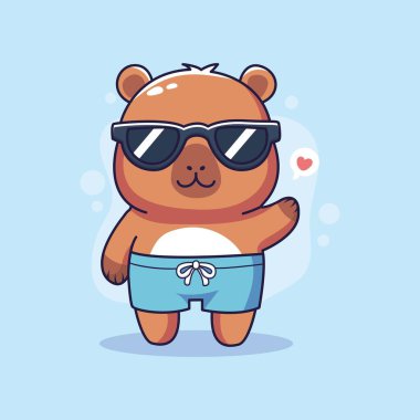 Mayo ve güneş gözlüğü takmış şirin bir Capybara çizgi filmi. Vektör illüstrasyonu.