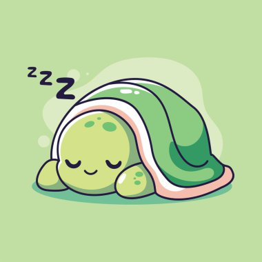 Yeşil arka planda uyuyan sevimli kaplumbağa. Şirin çizgi film vektör illüstrasyonu.