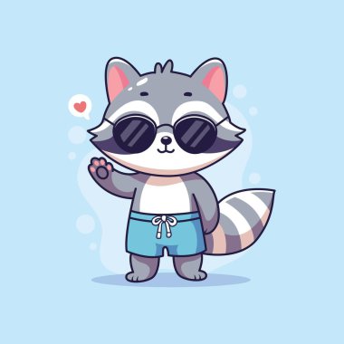 Güneş gözlüklü sevimli rakun. Çizgi film tarzında vektör illüstrasyonu.