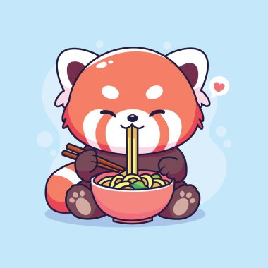 Tatlı Kırmızı Panda Erişte Yiyiyor. Vektör İllüstrasyonu.