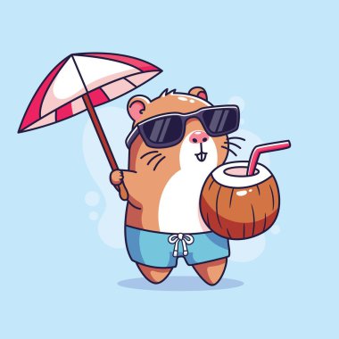 Şemsiyeli ve hindistan cevizi kokteyli vektör illüstrasyonlu şirin Capybara