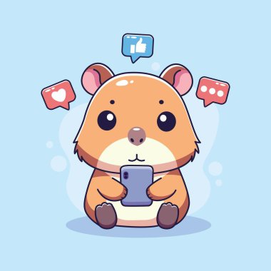 Akıllı telefonu ve sosyal medyası olan şirin bir Capybara. Vektör illüstrasyonu.