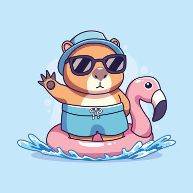 Güneş gözlüklü kapibaralar ve su karikatürü vektör illüstrasyon grafik tasarımında şişirilebilir halkalar.