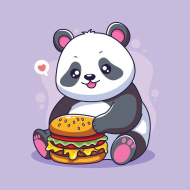 Hamburger ve çizburger vektör illüstrasyonlu şirin panda