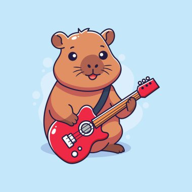 Elektro gitar çalan sevimli Capybara çizgi filmi. vektör illüstrasyonu