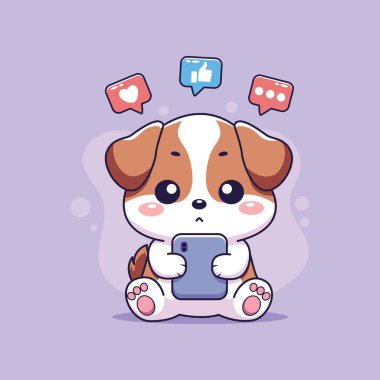Akıllı telefonu ve sosyal medya ikonları olan şirin bir köpek yavrusu. Vektör illüstrasyonu.
